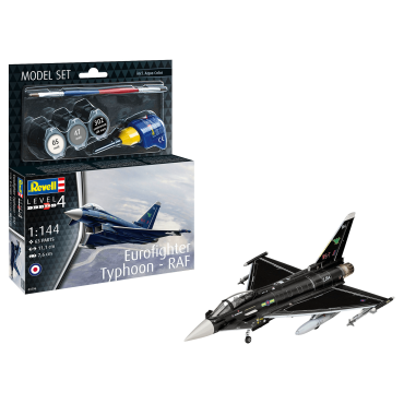 KIT PARA MONTAR REVELL MODEL SET AVIÃO EUROFIGHTER TYPHOON RAF 1/144 63 PEÇAS COMPLETO COM TINTAS COLA E PINCEL REV 63796